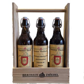 Je 1x Soester Hell, Weizen & Dunkel mit 3 persönlichen Flaschenetiketten im 3er Holzträger
