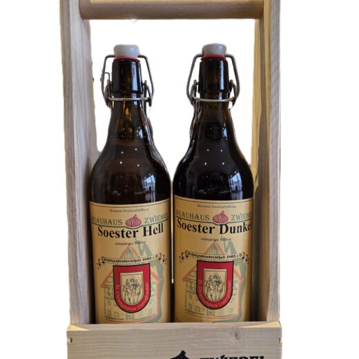 Je 1x Soester Hell & Dunkel mit 2 persönlichen Flaschenetiketten im 2er Holzträger